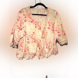 MAGNOLIA PEARL Floral Pink and Cream Blouse WITH ties in the back OSFM